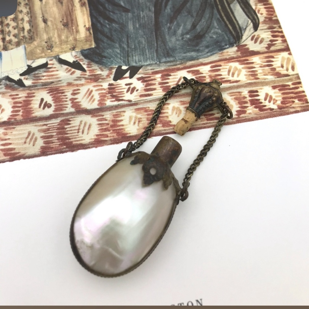Antique Late 19th c. Mother of Pearl + Brass Chatelaine Perfume Bottle
